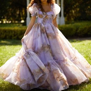 Selkie - The Venus Ritz Gown, Lavender & Beige Floral Puff Sleeve Maxi Dress